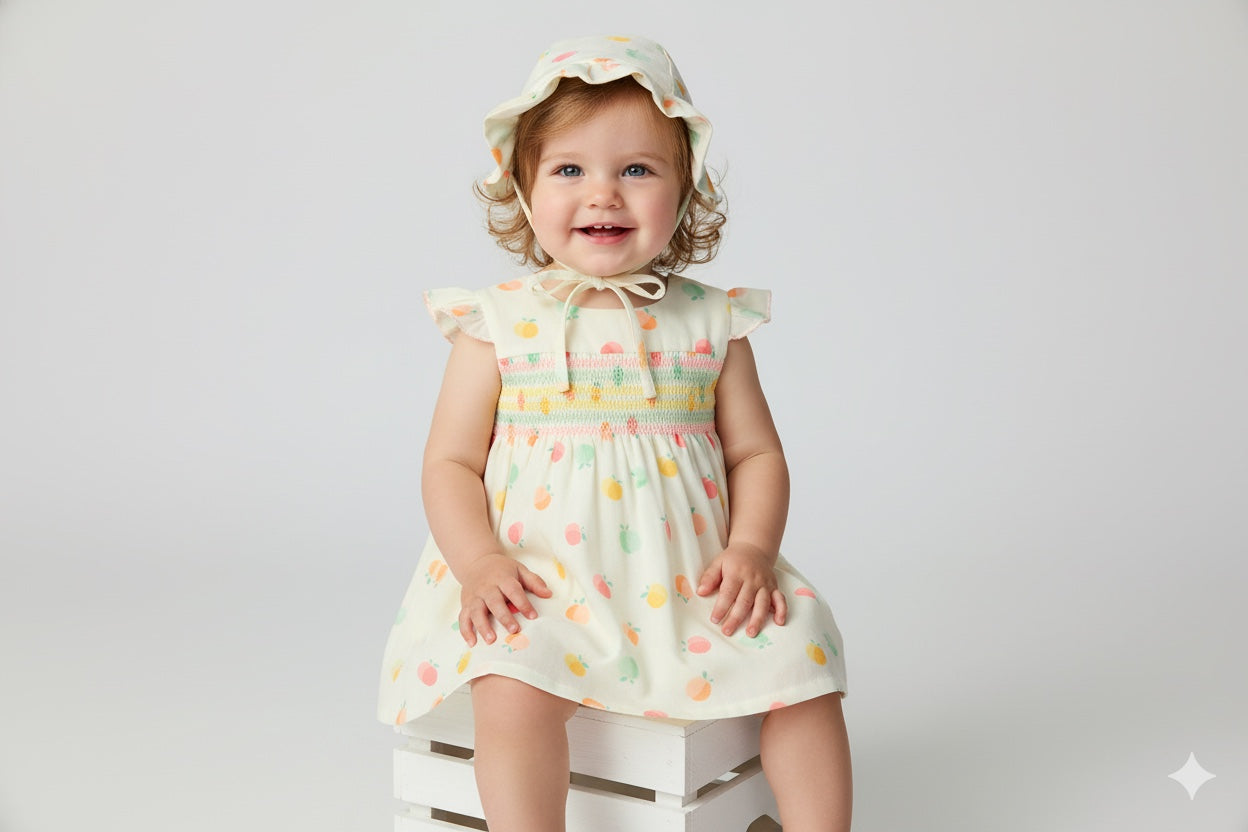 Vestido estampado bordado nido de abeja 3P